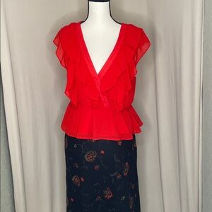 Wayf Ruffled Red Top V Neck Flutter Sleeves Blouse Top